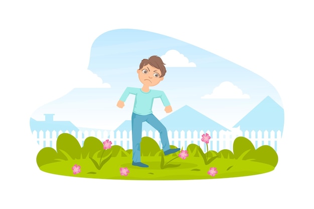 Vector bully boy treading down flowers in meadow kids aggressive behavior cartoon vector illustration