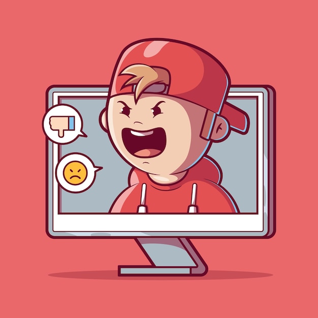 Bully personage dat uit een computerscherm komt vector illustratie tech design concept