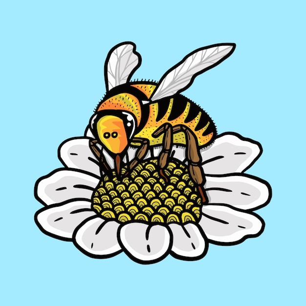 花のイラストにぶら下がっているミツバチ