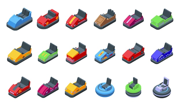 Bumper cars attraction icons set isometric vector Park game