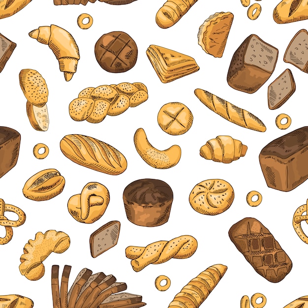 Bun, bagel, baguette and other bakery foods. Vector seamless pattern in retro style. Wheat bread seamless pattern background illustration