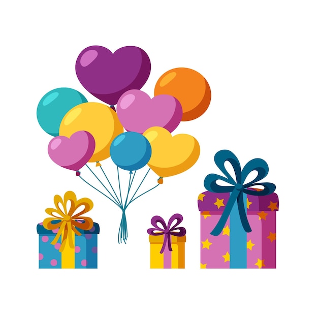 Vector bunch of balloons and set of present boxes flying balloons and colorful presents for a party