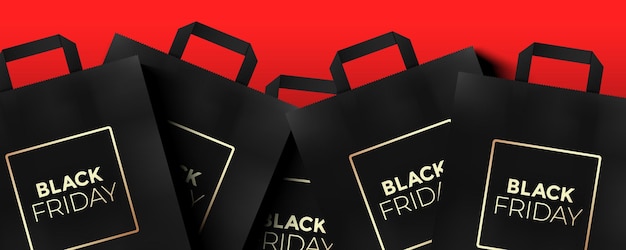 Vector bunch of black friday gift shopping bags on the red background vector banner design