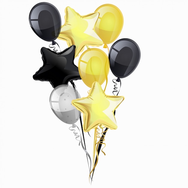 Mazzo di palloncini di elio neri, dorati, argento isolati su sfondo bianco. clipart.