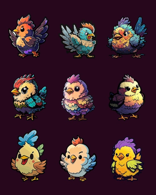 A bunch of cartoon birds with different colors and the words'chicken'on the bottom right