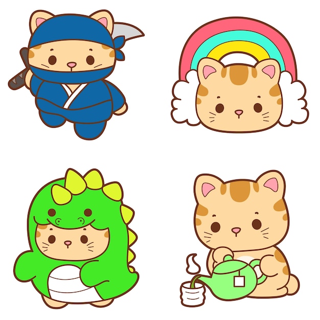 다양한 활동을 하는 귀여운 고양이 한 무리 Kawaii 동물 고양이 스크북과 스티커를 위해 재는
