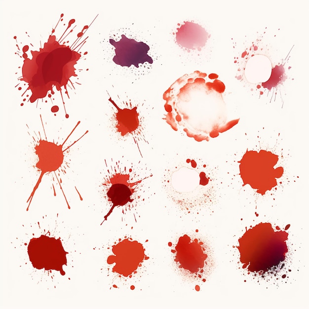 a bunch of different colored blood splatters are shown on a white background