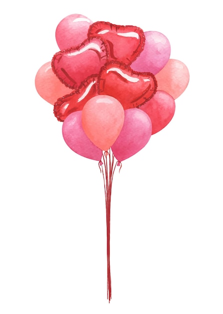 Букет праздничных розовых и красных шаров. Прорисованная вручную акварельная иллюстрация