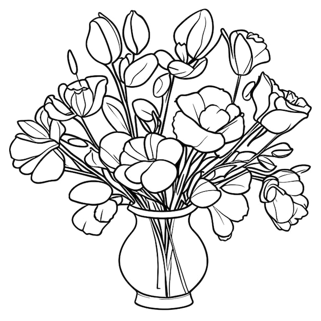 bunch of freesia flowers in a vase vector illustration line art