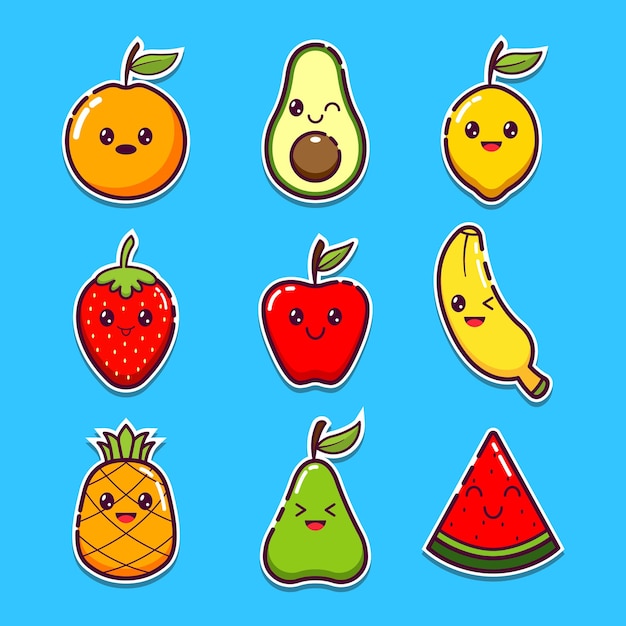 A bunch of fruits with faces of different shapes and sizes