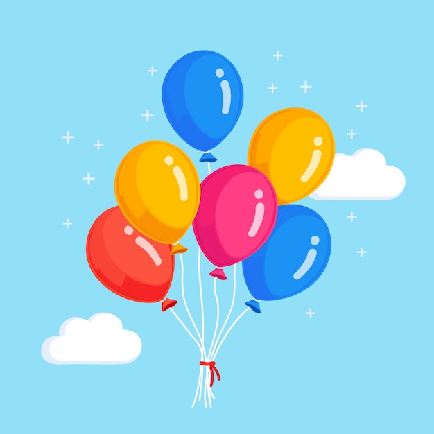 Vector bunch of helium balloon, air balls flying in sky with clouds. happy birthday. party decoration