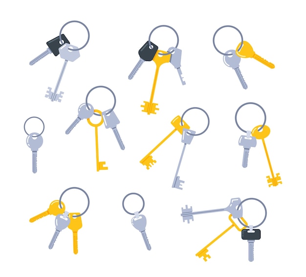 Vettore mazzo di chiavi set assortito di oggetti metallici utilizzati per bloccare e sbloccare porte e altri contenitori di varie dimensioni