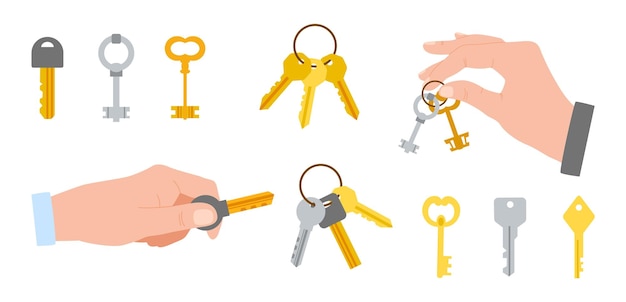 Mazzo di chiavi mani dei cartoni animati che tengono un fascio di chiavi metalliche gialle e argento sugli anelli bracci che aprono o chiudono serrature apri vintage e moderni set di strumenti per la protezione delle porte vettoriali