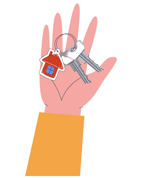 a bunch of keys with a keychain in the form of a house in the palm of your hand flat vector