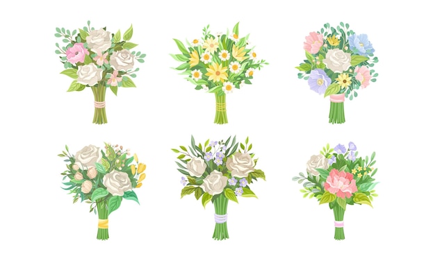 Vector bunch of lush flowers with green leafy branches vector set