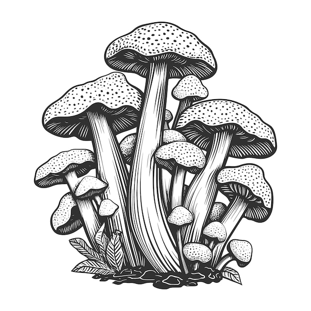 Vettore disegno in stile incisione in legno di un gruppo di funghi