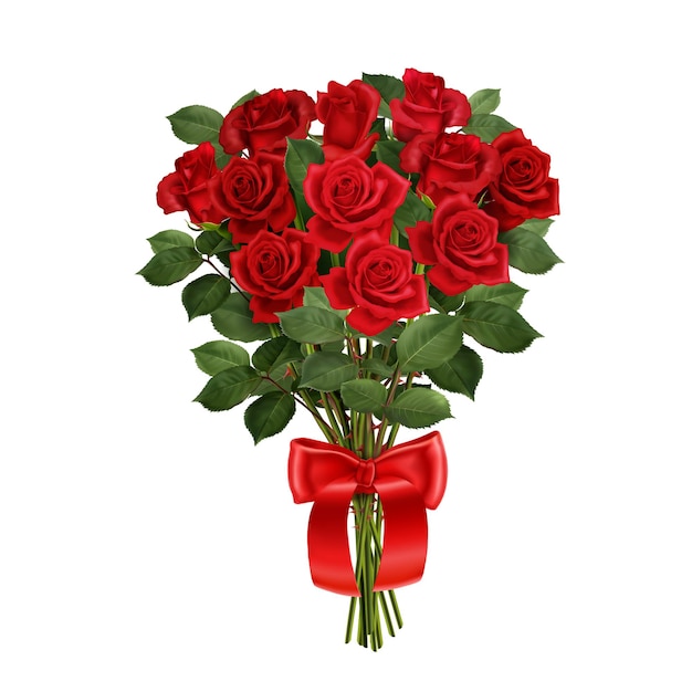 Bunch of red roses with ribbon realistic composition on white isolated  illustration