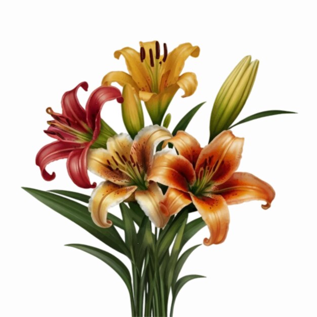 Vector bunch of reddish yelllow color lily flower isolated on plain white background