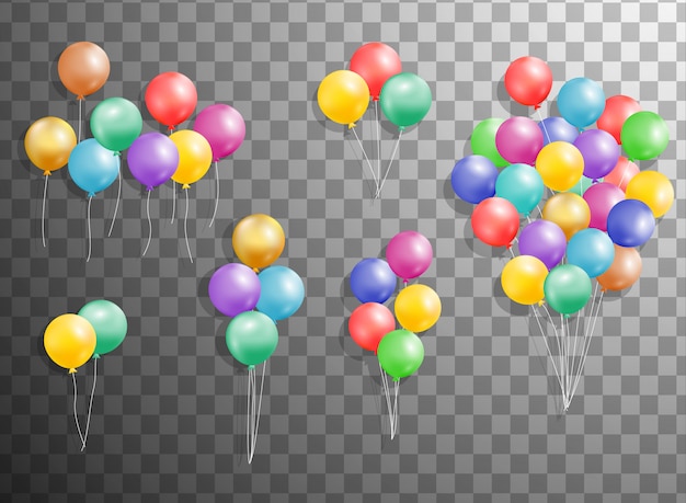 Пучки и группы разноцветных гелиевых шаров, изолированные на прозрачном фоне. матовый шар для дизайна событий. партийные украшения на день рождения, юбилей, торжество.