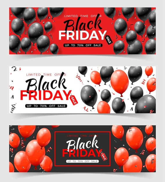 Bundel black friday sale horizontale banners met glanzende rode en zwarte ballonnen tag en confetti