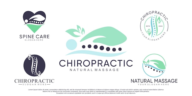 Bundel chiropractische kliniek massage logo met bladelement en creatief concept Premium Vector