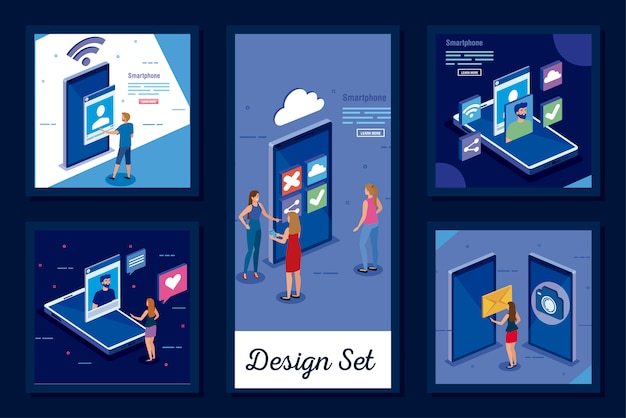 Bundel met set vijf scènes van mensen en social media iconen