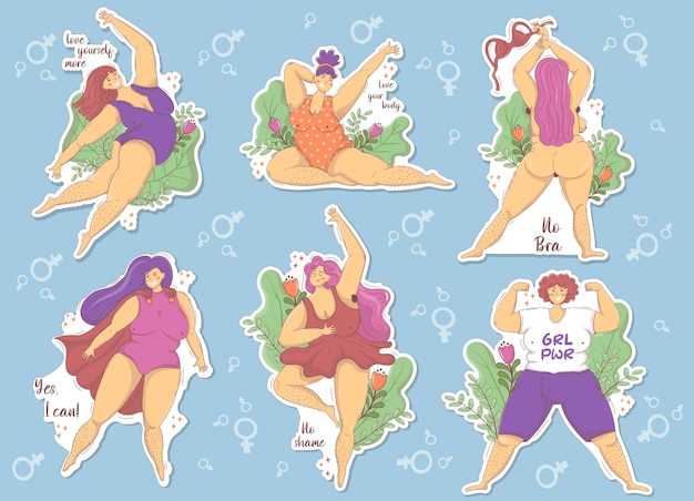 Bundel met stickers van vrolijke grote maten vrouwen met harige benen en oksels in verschillende poses en positieve feministische slogans