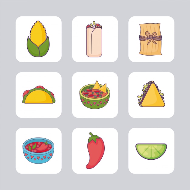 Vector bundel mexicaans eten met set pictogrammen