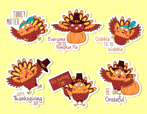 Bundel stickers van cartoon grappige kalkoenen in verschillende thanksgiving poses met grappige slogans