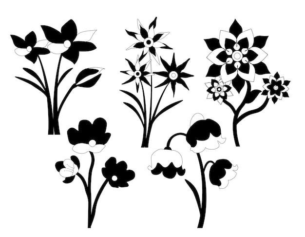 Bundel van bloemenbladeren en bloem geïsoleerde vector geïsoleerde silhouetten.