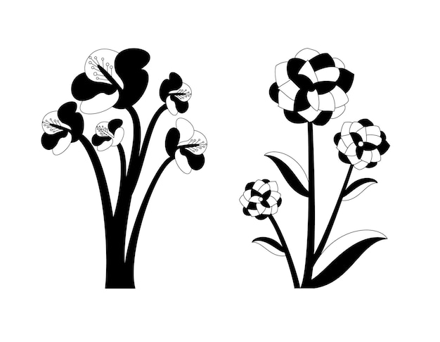 Bundel van bloemenbladeren en bloem geïsoleerde vector geïsoleerde silhouetten.