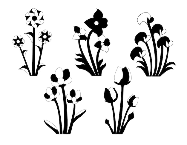 Bundel van bloemenbladeren en bloem geïsoleerde vector geïsoleerde silhouetten.