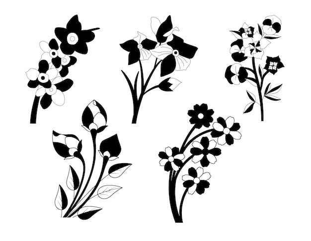 Bundel van bloemenbladeren en bloem geïsoleerde vector geïsoleerde silhouetten.