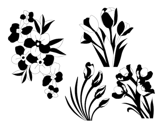 Bundel van bloemenbladeren en bloem geïsoleerde vector geïsoleerde silhouetten.