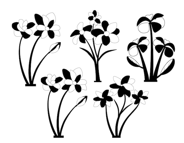 Bundel van bloemenbladeren en bloem geïsoleerde vector geïsoleerde silhouetten.