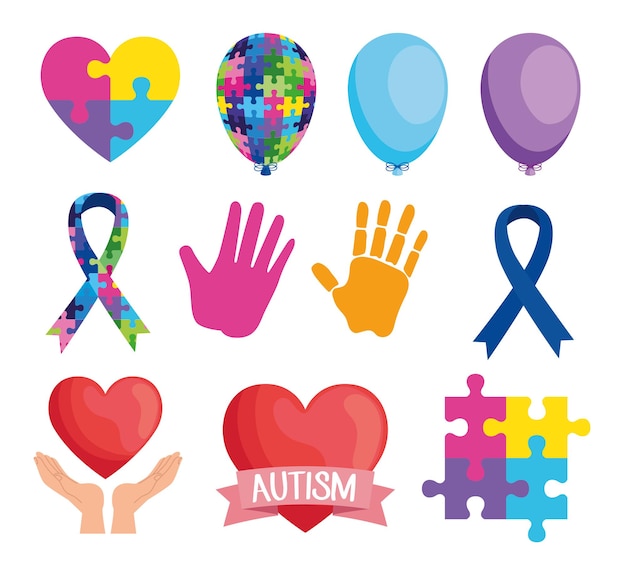 Bundel van elf wereld autisme dag instellen pictogrammen illustratie