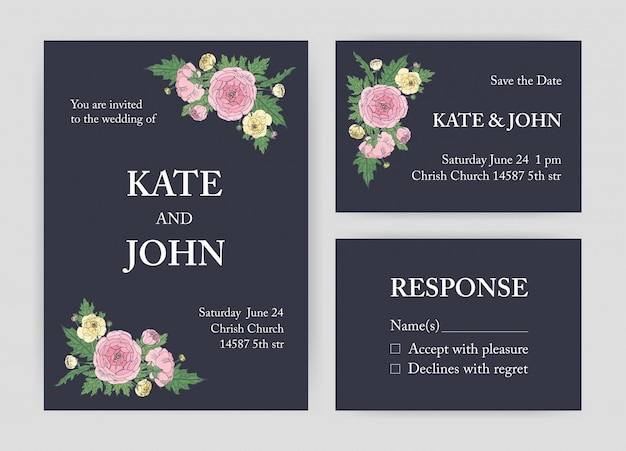 Bundel van mooie huwelijksuitnodiging, save the date en antwoordkaartsjablonen versierd met roze en gele ranunculus bloemen en bladeren op zwarte achtergrond.