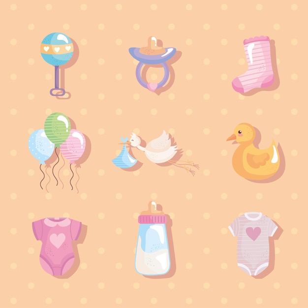 Bundel van negen babydouche decorontwerp iconen vector illustratie