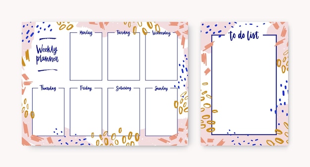 Bundel van persoonlijke weekplanner en to-do-lijst sjablonen met frame gemaakt van kleurrijke uitstrijkjes, verfsporen, krabbels