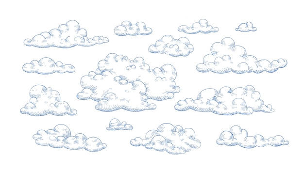 Bundel van pluizige wolken getekend met contourlijnen