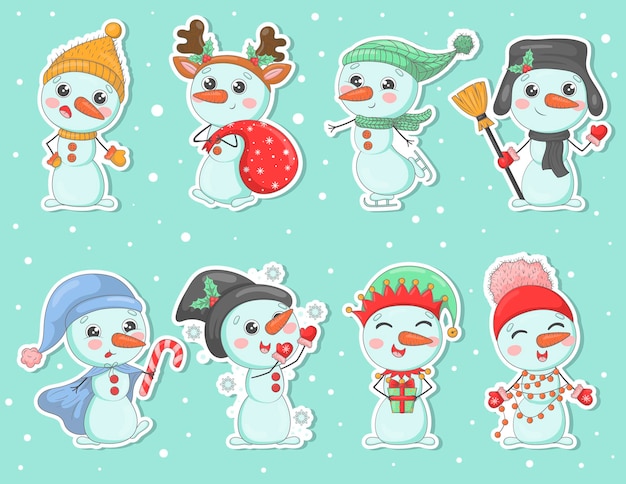 Bundel van schattige cartoon snowmens stickers in gebreide mutsen en sjaals met kerstcadeaus sneeuwvlokken hulst verkleed als nieuwjaarspersonages