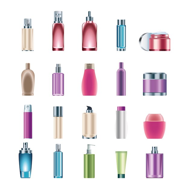Bundel van twintig huidverzorging flessen producten pictogrammen illustratie