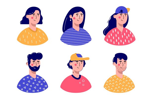 Bundel van verschillende avatars voor mannen en vrouwen. vrolijke, gelukkige mensen platte vector illustratie set. mannelijke en vrouwelijke portretten, groep, team. schattige jongens en meisjes trendy pack