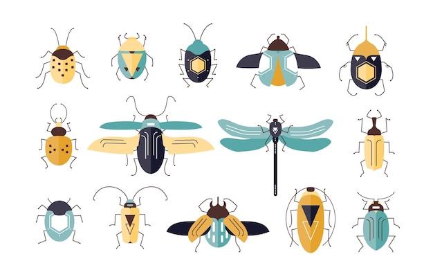 Bundel van verschillende kleurrijke geometrische insecten met vleugels en antennes geïsoleerd op een witte achtergrond - insecten, kevers, vuurvlieg, lieveheersbeestje, cricket. cartoon vectorillustratie in moderne vlakke stijl.