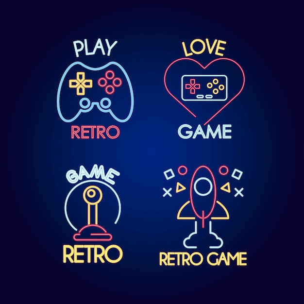 bundel van vier video game neon stijliconen en beletteringen illustratie