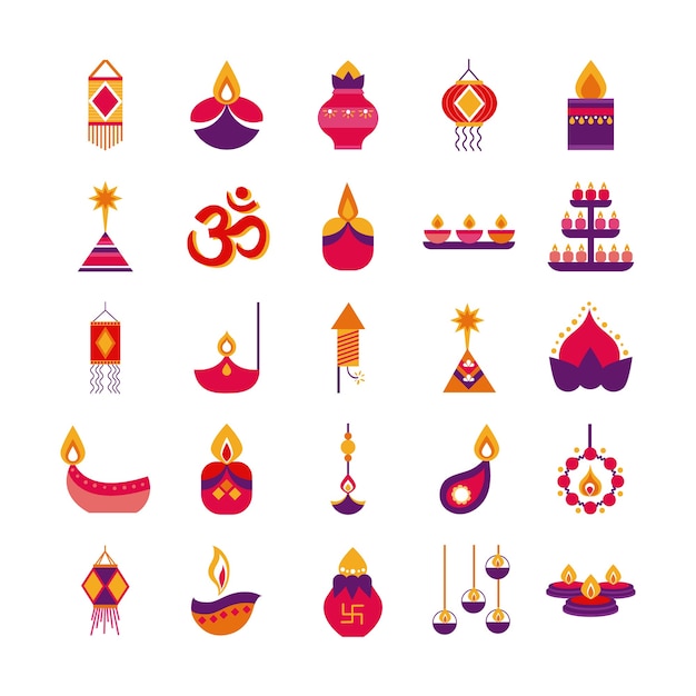 Bundel van vijfentwintig diwali decorontwerp vlakke stijl iconen vector illustratie