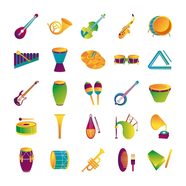 bundel van vijfentwintig muziekinstrumenten decorontwerp iconen vector illustratie