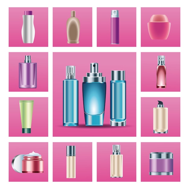 Bundel van vijftien huidverzorging flessen producten pictogrammen illustratie