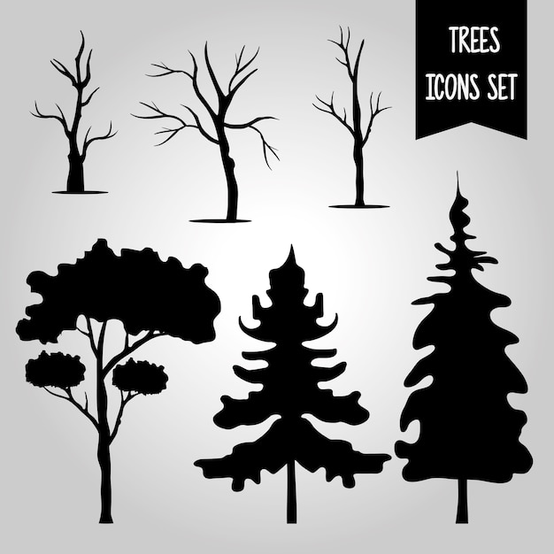 Bundel van zes bomen bos silhouet stijliconen en belettering in grijze achtergrond.