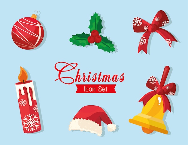 Bundel van zes happy merry christmas-iconen en belettering